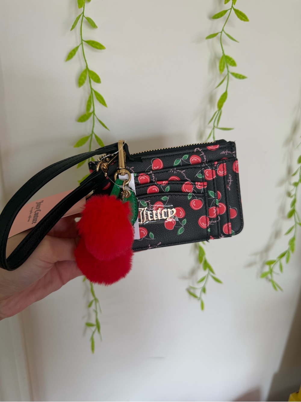 Juicy Couture Black Cherry Print Cardholder Wristlet with Red Pom Pom
